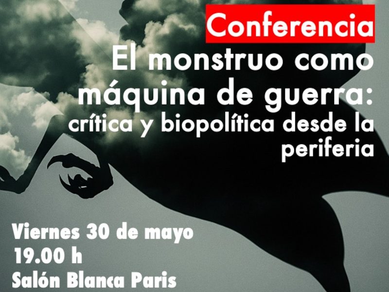 Afiche de conferencia de Mabel Moraña el 30/5 a las 19 horas en el salón Blanca Paris de la FHCE.
